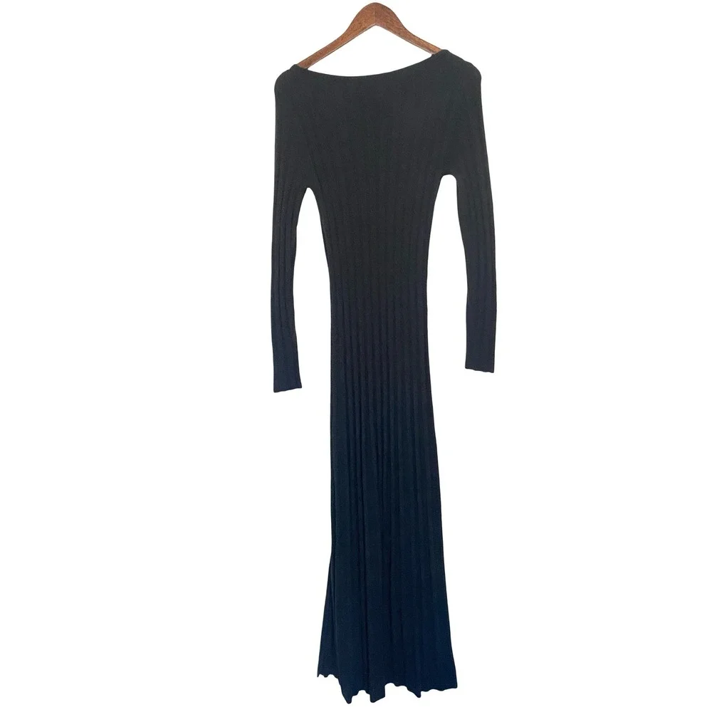 Abercrombie & Fitch Ribbed Long Sleeve Maxi Dress XS Black Side Slit Wool Blend